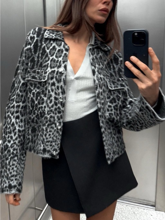 Zara Sweaters - Zara Black and Gray Leopard Print Button-Up Sweater Jacket